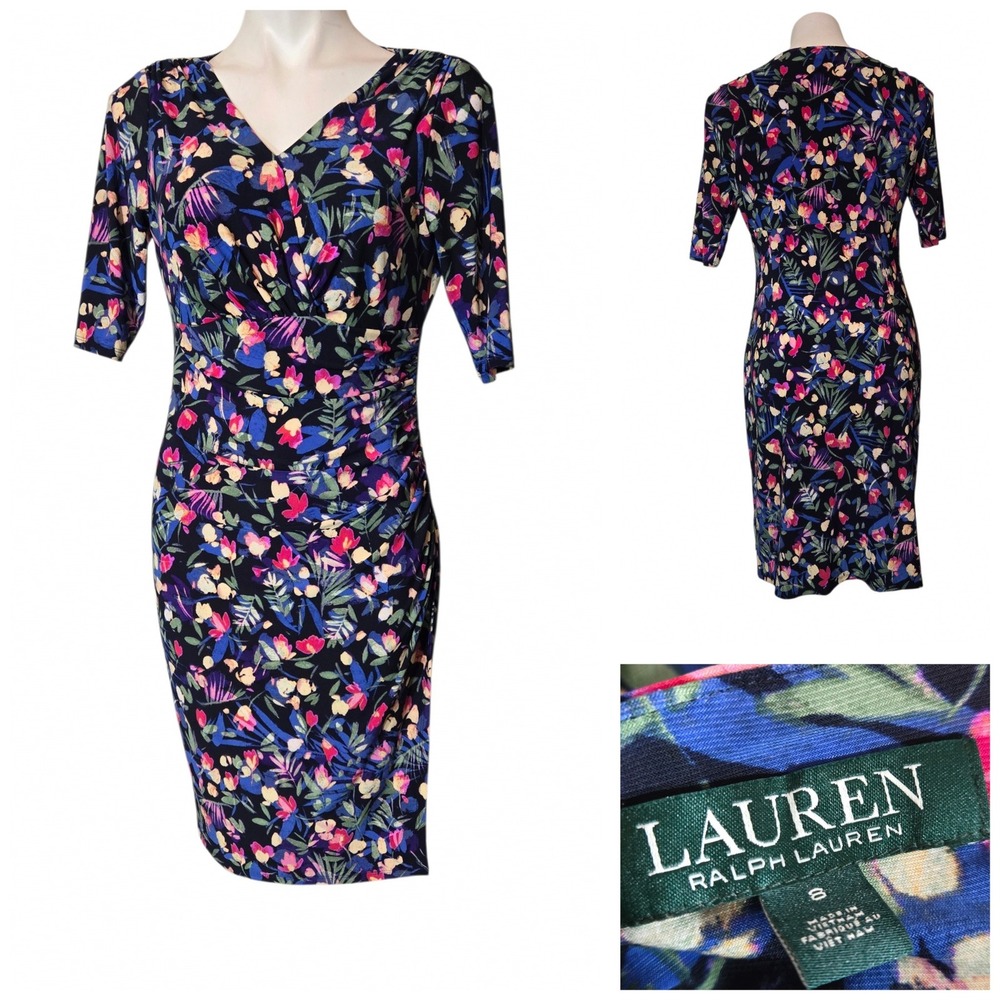 Lauren Ralph Lauren Floral Ruched V-Neck Sheath Dress Navy Blue Pink Size 8